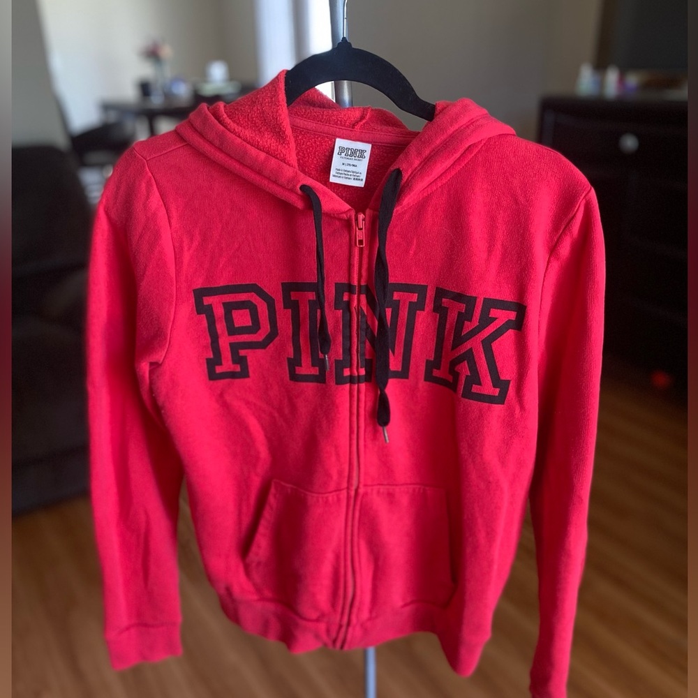 VS PINK red zip up logo hooded jacket